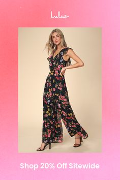 Let your dedication to style blossom in the Lulus Blooming Love Black Floral Print Ruffled Jumpsuit! Sleek woven chiffon, in a vivid magenta, yellow, and green floral print, tumbles from a ruffled surplice neckline (with hidden modesty snap), into a bodice with a fitted waist. Wide pant legs add extra drama below. Hidden back zipper/clasp. Fit: This garment fits true to size. Length: Floor length. Size medium measures 59" from shoulder to hem. Inseam: 30.00 Front Rise: 13.50 Bust: Great for any cup size. Waist: Fitted - very fitted at natural waist. Hip: Loosely Fitted. Undergarments: May be worn with any standard bra. Fabric: Fabric has no stretch. Fully lined. Shell: 100% Polyester. Lining: 100% Polyester. Hand Wash Cold. Do Not Bleach. Line Dry. Iron Low Heat. Imported. Lulus | Blooming Summer Chiffon V-neck Jumpsuit, Chic Flowy Jumpsuits And Rompers With Floral Print, Chic Flowy Floral Jumpsuits And Rompers, Elegant Floral Print Jumpsuits And Rompers, Summer Chiffon V-neck Jumpsuits And Rompers, Chic Chiffon Beach Jumpsuits And Rompers, Chic Chiffon Jumpsuits And Rompers For Beach, Elegant Fitted Floral Jumpsuits And Rompers, Fitted Floral Print Maxi Jumpsuits And Rompers