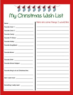 a christmas wish list with santa hats and stockings on it, sitting in front of a red