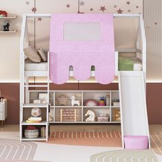 a child's bunk bed with a pink tent on top and shelves below it