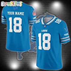 a detroit lions jersey with the name and number on it, is shown in front of a brick wall