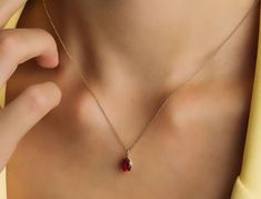 14K Yellow Gold Pearl Shape Solitaire Ruby Necklace Minimalist Accessories Jewellery, Gold Ruby Necklace, Ruby Jewelry Necklaces, Ruby Pendant Necklace, Galaxy Stuff, Jewelry Necklace Simple, Classy Minimalist, Gold Pendent, Minimalist Necklace Gold