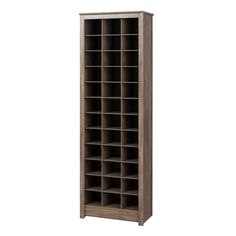 a tall bookcase with many compartments on the front and bottom shelves, all in dark wood