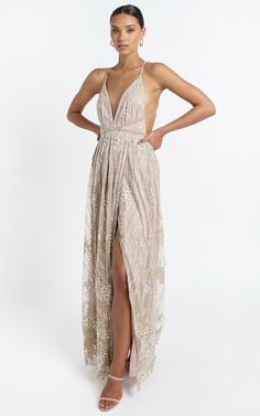 New York Nights Maxi Dress In Gold | Showpo Low Back Evening Dress For Prom Season, Glamorous V-neck Evening Dress With Back Opening, Glamorous Low Back Prom Dress, Glamorous Low Back Dress For Prom Season, Glamorous Low Back Evening Dress For Night Out, V-neck Gown With Back Opening For Prom Season, Glamorous Low Back Dress For Prom, Sequined V-neck Backless Dress For Evening, Summer Party Gown With Back Opening