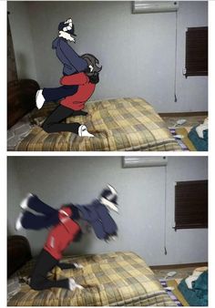 two pictures of a person jumping on a bed