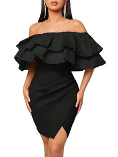 This Ruffled Layered Off Shoulder Mini Dress features a flattering silhouette with ruffles and layering for added style. The off-shoulder design creates an airy, sophisticated look that will make you look and feel your best. Perfect for any special occasion. Fabric Type: 100% Polyester Care Instructions: Machine Wash, Dry Clean Only Closure Type: Pull On Summer Formal Off Shoulder Dress With Ruffles, Off-shoulder Mini Dress With Ruffles For Cocktail, Elegant Strapless Dress With Ruffle Hem For Date Night, Elegant Off-shoulder Ruffle Dress For Date Night, Chic Off-shoulder Ruffled Dress For Summer, Strapless Midi Dress With Ruffles For Date Night, Elegant Off Shoulder Mini Dress With Ruffles, Elegant Off Shoulder Ruffle Dress For Summer, Off-shoulder Ruffled Cocktail Dress