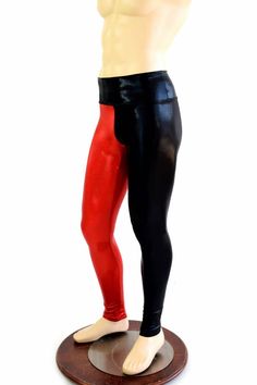 "This item is made to order, please read all the way through the listing before purchasing! These stretchy, shiny leggings are red and black, you choose the color placement! (Elastic free for a smooth comfy fit!). These pants are made of top quality four way stretch fabric. They have a 11\" rise, and a tapered lower leg, just like the leggings made for women! Perfect for yoga, dancing, lounging or anything else! Who's that guy who just turned around the corner? It's the meggings man! That's YOU! Black Stretch Leggings For Cosplay, High Stretch Full Length Red Leggings, Stretch Red Bottoms For Cosplay, Red Thigh High Stretch Leggings, Black Footless Leggings For Party, Red Full-length Leggings For Party, Red Full Length Leggings For Party, Mens Leggings, Shiny Leggings