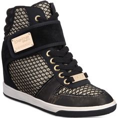 Bebe's Calisto High-Top Sneakers Boost Up A Street-Savvy Look With A Bold Hidden Wedge Heel And Metallic Accents For Added Flash. Round-Toe Lace-Up Hidden-Wedge High-Top Sneakers With Stay-Put Closure And Metallic Hardware At Ankle Strap 3-1/2" Hidden Wedge Heel, 1" Platform, Feels Like 2-1/2" Heel Manmade Upper; Manmade Sole Metallic Gold Shoes, Gold Trainers, Nike Shoes Women Fashion, Hidden Wedge Sneakers, Shoe Zone, Gold Sneakers, Shoes Drawing, Shoes Sneakers Nike, Wedges Style