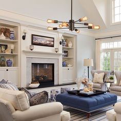 a living room filled with furniture and a fire place in the middle of a room