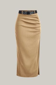 Indulge in sophistication with the Split Thigh Belted Ruched Skirt. This elegant skirt features details such as a belt and ruching, with a split thigh design for added flair. The plain pattern, drop waistline, and long length add to its tasteful and exclusive appeal. Crafted from high-quality woven fabric, this skirt offers a regular fit and is made from 95% polyester and 5% elastane. Both machine wash and professional dry cleaning are suitable for caring for this luxurious piece. Completing the Elegant Ruched Maxi Skirt For Formal Occasions, Elegant Ruched Maxi Skirt For Formal Events, Elegant Draped Lined Skirt, Elegant Draped Skirt For Party, Elegant Draped Party Skirt, Elegant Ruched Skirt For Night Out, Elegant Ruched Draped Skirt For Night Out, Formal Long Ruched Skirt, Elegant Draped Bottoms For Workwear