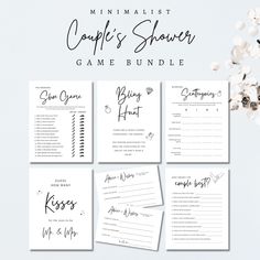 the printable couples'shower game bundle is shown with flowers in front of it