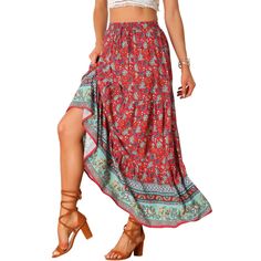 This floral printed skirt makes a great vacation choice. Women's boho vintage print maxi skirt, a must-have skirt and a good skirt gift idea for Spring, Summer, and Fall. Regular fit, just enjoy your leisure time with ease. Team with flat sandals and a relaxed shirt or peasant top. Pair it with sandals or heels for a perfect look. Casual Maxi Skirt, Beach Maxi Skirt, Hispanic Culture, Tiered Maxi Skirt, Printed Skirt, Printed Maxi Skirts, Bohemian Floral, Floral Print Skirt, Leisure Time