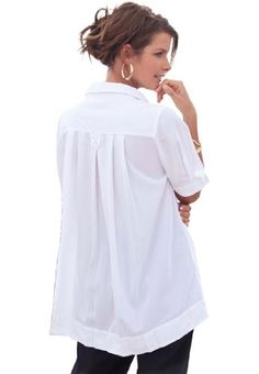 Fluid peachskin, delicately tucked at short sleeve cuffs and below back yoke to create a perfect, breezy style. Polyester. Machine wash. Imported. By Denim 24/7® Pleats at back Back button tab Chest pocket Hi-lo hem About 28" in front and 30" in back (from shoulder) Plus size tops, shirts, bigshirts - pleat back bigshirt by denim 24/7, sizes 12W to 32W Breezy Style, Womens Denim Shirt, Denim Shirts, Womens Denim, Back Back, Plus Size Blouses, Plus Size Tops, Denim Women, Chest Pocket