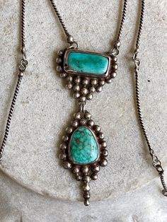 Beautiful Brutalist Sterling Silver Blue Turquoise Vintage Necklace Artisan Blue Turquoise Necklace Untreated, Blue Patina Necklace Perfect For Gifts, Gift Blue Patina Necklace, Artisan Turquoise Dangle Necklace Gift, Oxidized Rectangular Pendant Necklace, Turquoise Sterling Silver Lariat Necklace, Artisan Turquoise Lariat Necklace As Gift, Green Oxidized Pendant Necklace, Southwestern Green Necklace With Large Pendant