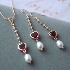 Elegant Bridal Dangle Earrings For Valentine's Day, Valentine's Day Wedding Jewelry With Matching Earrings, Red Pearl Drop Bridal Earrings Gift, Valentine's Day Pearl Drop Dangle Earrings, Valentine's Day Formal Pearl Jewelry, Red Pearl Drop Earrings For Wedding, Heart-shaped Pearl Earrings For Wedding, Formal Pearl Drop Jewelry For Valentine's Day, Elegant Red Bridal Earrings With Pearl Drop