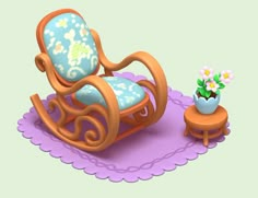 a rocking chair and small table with flowers on the rug in front of it,