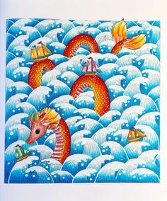 an image of seahorses in the ocean with boats and ships painted on them