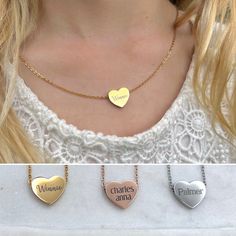 Children's personalized name engraved heart necklace for girls of all ages!  You'll love the look of excitement in their eye as they open their very own custom heart name necklace!  This heart initial name necklace is a great addition to any child's jewelry box & comes in 3 colors & a variety of fonts. Each custom heart necklace is laser engraved & made of finest quality stainless steel, so it will not tarnish or lose color.  You can rest assured knowing that your little CAN wear it while bathin Customizable Heart Charm Necklaces For Anniversary, Personalized Heart Jewelry For Personalized Gift, Heart-shaped Personalized Jewelry, Customizable Heart Pendant Charm Necklaces For Gifts, Engraved Heart Stainless Steel Charm Necklace, Heart Charm Nameplate Necklace As Gift, Custom Name Adjustable Heart-shaped Jewelry, Heart Pendant Name Charm Necklace As Gift, Adjustable Heart-shaped Custom Name Jewelry