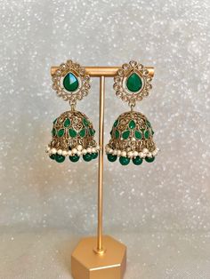 Gold/multi Indian Jhumka Earrings - Etsy Green Bridal Earrings With Latkans For Celebration, Green Bridal Earrings For Party And Festivals, Festive Green Chandelier Earrings For Party, Elegant Green Danglers For Reception, Green Danglers For Party And Festive Occasions, Elegant Green Jhumkas For Festive Occasions, Elegant Green Drop Earrings Jhumkas, Bollywood Green Bridal Earrings For Reception, Elegant Green Festive Jhumkas