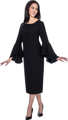 Dresses by Nubiano 3781 1 piece Dress Colors: Black, Purple, White Sizes: 8, 10, 12, 14, 16, 16W, 18, 18W, 20W, 22W, 24W, 26W Modest Woman, 1 Piece Dress, Black Bell Sleeve Dress, Going To Church, Pastors Appreciation, Special Event Dresses, Dresses Ladies, Church Suits, Woman Of God