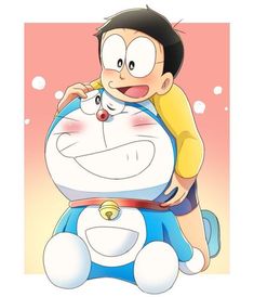 a cartoon character hugging another character with bubbles in the air behind him and on his back