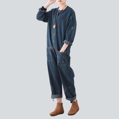 Introducing our dark wash. baggy denim overalls from the 2023 Autumn Collection ââ‚?the perfect mix of street style and sophistication!Why You Need It In Your WardrobeThese overalls are designed to embody the spirit of rebellion. being the ultimate balance between contemporary fashion and nostalgic street style. Crafted with a distinctive distressed pattern and baggy fit. they'll bring an edgy and effortless look to your wardrobe.Distinctive Features: Street Style: Inspired by the iconic street Jumpsuit For Ladies, Womens Denim Jumpsuit, Jean Jumpsuit, Baggy Jumpsuit, Denim Clothes, Jumper Designs, Denim Jumper, Denim Clothing, Baggy Denim