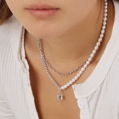 Get the best of both worlds with this unique half and half style of a gold filled cuban chain or rhodium over silver chain and genuine freshwater pearls. This special piece will surely lock itself in your heart with the edginess gold chains offset by the simplicity of a link of pearls. Trendy Pearl Chain Link Jewelry, Trendy Silver Jewelry With Pearl Charm, Trendy Silver Jewelry With Pearl Pendant, Everyday Pearl Necklace With Chain, White Pearl Jewelry With Silver Chain, Pearl Chain Link Jewelry Gift, Pearl Chain Link Jewelry For Gifts, Everyday Metal Necklace With Pearl Charm, Trendy Silver Pearl Necklace With Adjustable Chain