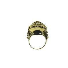 10 Karat Yellow Gold Onyx and Seed Pearl Ring Size 7  This elegant ring features one oval onyx stone (14 mm x 12.5 mm), 36 seed pearls and one clear stone set in meticulously detailed 10K yellow gold.    Top of ring measures 24 mm x 19 mm.  Shank: 2.5 mm.  Tested 10K gold.  Ring Size: 7  Weight:  7.5 dwt. /  11.7 gr.  Very good condition, professionally polished.  Will come packaged in a gift box or pouch (when possible) and will be shipped U.S. Priority Mail Insured. Luxury Gold Oval Cabochon Dome Ring, Luxury Gold Dome Ring With Oval Cabochon, Formal Gold Cabochon Signet Ring, Luxury Gold Multi-stone Opal Ring, Gold Oval Cabochon Diamond Ring, Gold Oval Dome Ring With Gemstone, Yellow Gold Oval Pearl Ring With Polished Finish, Gold Oval Cabochon Pearl Ring, Gold Domed Gemstone Rings