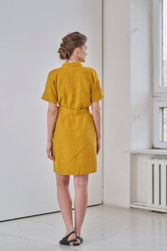 "MsWrinkle's clothing - from human to human. 100% handmade. *Description* - Kimono sleeve wrap dress with belt and pockets; - High quality European linen; - Washed and softened (doesn't shrink anymore); - Medium weight linen (150 g/m2); - Our linen is OEKO-TEX certified that meets human ecological safety requirements; - Model is wearing size S in honey yellow and forest green color (other sizes and colors please choose on the right); - Not transparent; - Not ironed and we suggest to use tumble d Fitted Belted Linen Dress, Fitted Belted Linen Dress For Daywear, Fitted Linen Dress With Short Sleeves For Work, Fitted Short Sleeve Linen Dress For Work, Linen Tie Waist Dress For Daywear, Linen Tunic Dress For Work, Linen Shirt Dress For The Beach, Fitted Belted Dress For Summer Daywear, Fitted Linen Knee-length Shirt Dress