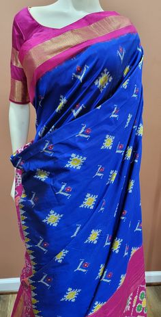 Pretty Double Ikkath Silk Saree w/ Blouse from Pochampalli town in Telangana. Blouse is 38 inches and can be resized as per the customer needs. Product ships immediately within US. Blue And Pink, Silk Saree, Silk Sarees, Saree, Silk, Ships, Pink, Blue