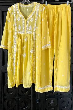 Yellow Lucknowi Hand Embroidered Short Frock A-Line Peplum Kurta Set Anarkali Style Long Sleeve Pant Set With Chikankari Embroidery, Anarkali Pant Set With Dori Work For Eid, Spring Chanderi Pant Set With Chikankari Embroidery, Summer Straight Kurta Pant Set With Resham Embroidery, Anarkali Kurta With Dori Work For Summer, Summer Anarkali Kurta With Dori Work, Summer Pant Set With Resham Embroidery And Straight Kurta, Summer Pant Set With Resham Embroidery Straight Kurta, Summer Anarkali Set With Dabka Work