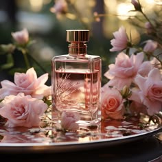 a bottle of perfume sitting on top of a table next to pink flowers and greenery