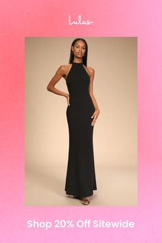 Walk into the room looking picture perfect in the Lulus Like a Dream Black Halter Mermaid Maxi Dress! Slightly stretchy techno crepe knit fabric shapes this dress with a modified halter neckline (with double button closures) and a princess-seamed bodice with an open back. High, fitted waist continues down a figure-skimming mermaid silhouette that ends at a maxi length hem. Hidden back zipper/clasp. Fit: This garment fits true to size. Length: Floor length. Size medium measures 59.5" from shoulde Elegant Black Halter Neck Maxi Dress, Black Stretch Halter Maxi Dress, Black Floor-length Halter Dress For Gala, Chic Black V-neck Halter Dress, Black Floor-length Maxi Dress With Cutout, Black Halter, Mermaid Silhouette, Maxi Knit Dress, Halter Neckline