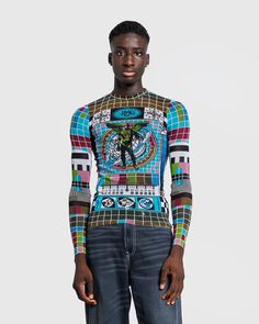 Jean Paul Gaultier – Mesh Long-Sleeve Top Printed Mire Blue/Multi | Highsnobiety Shop Designer Multicolor Long Sleeve Top, Designer Multicolor Printed Tops, Designer Long Sleeve Top With Abstract Print, Fitted Multicolor Mesh Top With Graphic Print, Designer Multicolor Graphic Print Tops, Multicolor Long Sleeve Mesh Top With Graphic Print, Fitted Multicolor Printed Mesh Top, Blue Fitted Crew Neck Mesh Top, Blue Fitted Mesh Top With Crew Neck