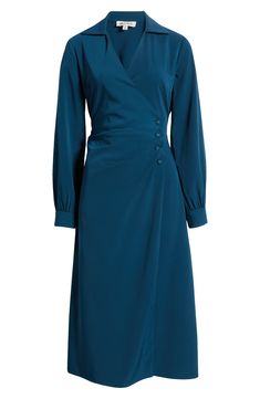 A polished desk-to-dinner dress features a side-ruched detail clasped with covered buttons. 48 1/2" length True wrap style Surplice V-neck Spread collar Long sleeves Unlined 97% polyester, 3% elastane Hand wash, line dry Imported Bright Spring Soft Classic, Dark Teal Dress, Nancy Wilson, Long Sleeve Wrap Dress, Wrap Dresses, Teal Dress, Dinner Dress, Minimalist Wardrobe, Deep Teal