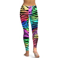 The Gearbunch Colorful Zebra Striped Leggings are signature Gearbunch......bright, colorful, unique, super soft, stretchy and comfortable to wear. A rainbow of vibrant colors' blue, green, pink, black, yellow, orange and purple, they are perfect for your active lifestyle and can be worn at anytime, anywhere.Be Happy, Be Bright, Be You with Gearbunch Neon Sports Bottoms, Casual Stretch Rainbow Bottoms, Sporty Multicolor Pants For Spring, Playful Stretch Multicolor Activewear, Playful Multicolor Stretch Activewear, Trendy Neon Stretch Bottoms, Playful Stretch Workout Leggings, Playful Multicolor Spring Pants, Fitted Multicolor Yoga Pants For Sports