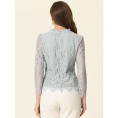 Add a bit of femininity to your look with the ruffle round-neck lace top. It features a long sleeve form, a ruffle neck, and lace fabric. It perfectly matches everyday jeans and skirts for a weekend casual look. A lace top puts a feminine spin on any day or night look with a charming feminine silhouette. Good options for parties, sweet dating, shopping, festivals, banquets, office outfits, casual wear, and daily outfits. Elegant Long Sleeve Lace Top With Patchwork, Elegant Long Sleeve Lace Patchwork Top, Elegant Long Sleeve Lace Top With Scalloped Edges, Elegant Long Sleeve Scalloped Lace Top, Chic Long Sleeve Lace Top With Ruffles, Chic Long Sleeve Ruffled Lace Top, Spring Formal Tops With Scalloped Lace, Formal Spring Tops With Scalloped Lace, Formal Scalloped Lace Tops For Spring