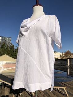 "Has a tag that says 100% silk. Not a typical silk; has a stiffness like linen or poly. Semi sheer weave. Size Small. Slips over the head. No stretch. Laying flat: shoulders seam to seam:22\" sleeve:6\" pit to pit:22\" across waist:21.5\" length:26\"-27\"" Asymmetrical Lagenlook Summer Blouse, White Vintage Shawl Scarves, White Asymmetrical Lagenlook Top, Semi-stitched Raw Silk Shawl, Bohemian One-size Silk Shawl Scarf, Italy Fashion, Peasant Blouse, White Silk, Japanese Kimono