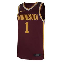 Add a bold finish to your game day look with this Minnesota Golden Gophers jersey from Nike. Lightweight and sleeveless, it's made with Dri-FIT fabric to offer breathability and comfort. This replica jersey draws inspiration from the gear worn by the Minnesota Golden Gophers on the court, featuring classic trims, team details and numbers on the front and back. Dri-FIT technology wicks away moisture Machine wash with garment inside out, tumble dry low Screen print graphics Brand: Nike Replica Jer Collegiate Sleeveless Jersey For College, Sleeveless Cotton Jersey With Team Spirit, Collegiate Sleeveless Jersey With Team Logo, Collegiate Sleeveless Jersey For Team Events, Sleeveless Collegiate Jersey For Game Day, Collegiate Sleeveless Jersey Top, Collegiate Sleeveless Jersey For Sports Events, Collegiate Sleeveless Sports Jersey, Collegiate Style Sleeveless Jersey For Sports Events