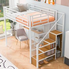 a white loft bed sitting next to a window