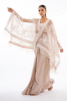 Ahi Elegant Sheer Wedding Set, Bohemian Silk Dupatta For Wedding, Elegant Embroidered Kaftan For Reception, Bohemian Silk Wedding Dupatta, Elegant Silk Draped Dupatta, Elegant Draped Silk Dupatta, Elegant Festive Kaftan With Cape Sleeves, Elegant Festive Dupatta Shawl, Silk Wedding Shawl With Sheer Dupatta