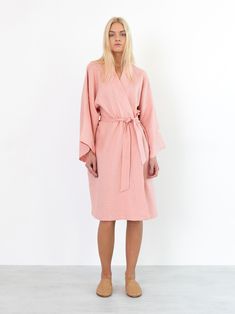 "LUNA is an oversized linen kimono robe. DETAILS - Front wrap robe - Dropped shoulders - Long sleeves - Seam pockets - 100% lightweight European linen fabric - Cut and sewn to order just for you in our studio COLOR - Pink Spanish, you can also choose other colors above - Fabric samples are available here https://www.etsy.com/listing/586569696/linen-fabric-samples SIZING & FIT - Very oversized fit - Length is approximately 41.5 inches / 105 cm - Bust is approximately 24.5 inches / 62 cm - Mea Spring Wrap Robe With Relaxed Fit, Relaxed Fit Robe For Home Use In Spring, Spring Kimono With Relaxed Fit, Spring Daywear Wrap Robe, Oversized Long Robe For Daywear, Long Linen Summer Robe, Beach Linen Robe With Kimono Sleeves, Linen Kimono With Kimono Sleeves For Loungewear, Linen Kimono For Daywear