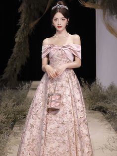 Elegant Floral Embroidered Ball Gown For Gala, Pink Strapless Gown For Banquet, Strapless Pink Ball Gown For Party, Elegant Embroidered Prom Ball Gown, Pink Princess Gown For Banquet, Pink Floor-length Gown For Banquet, Pink Floor-length Banquet Gown, Pink Ball Gown For Banquet, Princess Style Evening Dress For Gala And Prom