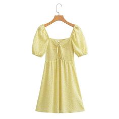 F00170373-104 Yellow Knee-length Mini Dress For Casual Wear, Yellow Mini Dress For Casual Wear, Yellow Puff Sleeve Dress For Summer, Casual Puff Sleeve Dress For Beach, Summer Ruched Puff Sleeve Dress For Casual Wear, Casual Yellow Spring Dresses, Summer Puff Sleeve Ruched Dress, Casual Ruched Mini Dress For Summer, Casual Cotton Mini Dress With Square Neck