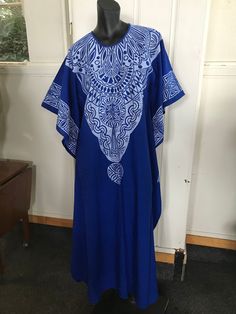 "A screen printed caftan tailored bu Indian Tailors in Fiji prior to 1972.Blue with white overprint which include Pacifica motifs.It is unworn. Fabulous symmetrical graphics which include a reference to Fiji Islands, It's label size is 32 which is to suit a 32\"bust. No faults. Still has original fold marks. These are the measurements, :- Bust 38\" Length from shoulder seam to hem 51\" Unstitched at sides for 21\" to allow ease of walking Overall width 38\" ( each side)" Fiji Islands, Paisley Maxi Dress, Op Shop, Boho Festival, Festival Dress, Dress Maxi, Hippie Bohemian, Gowns Dresses, Dress Outfits