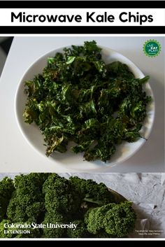 broccoli and kale chips on a white plate with the title above it