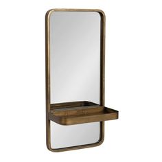 a wooden shelf with a mirror on it