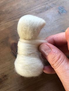 a hand is holding a piece of white wool