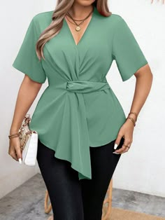 Mint Green Casual Collar Short Sleeve Woven Fabric Plain Peplum,Top Embellished Non-Stretch  Women Plus Clothing Fancy Shirt, Women Blouses Fashion, Peplum Tops, Trendy Fashion Tops, Classy Casual Outfits, Ladies Tops