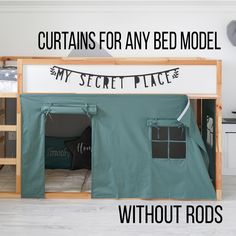 a bunk bed with the words curtains for any bed model without rods above it and below