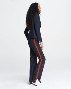 Jess High-Rise Navy Pinstripe Pants for Women | rag & bone Modern Mid-rise Bottoms With Welt Pockets, Straight Hem Bottoms For Office In Fall, Modern High-waisted Pants With Five Pockets, Fitted Straight Leg Pants With Five Pockets, Modern Fitted Straight Leg Bottoms, Slim Fit Pants With Straight Hem For Fall, Modern Slim Fit Trousers, Fitted Bottoms With Straight Hem For Fall, Fitted Elastane Straight Leg Pants